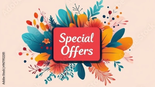 Fototapeta Elegant floral design surrounds a bold banner that highlights special offers, creating an inviting and cheerful atmosphere