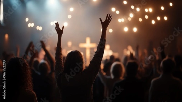 Obraz Silhouette of people worshiping with raised hands in a church, illuminated by soft lights, creating a spiritual and uplifting atmosphere.
