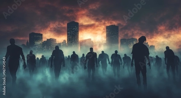 Fototapeta Scary undead zombie horde with fog in front of a city skyline background. Halloween and horror concept.