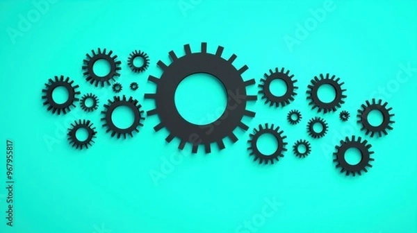 Fototapeta A large cog with smaller cogs surrounding it, each cog labeled with a job role. The central cog turns, showing how job rotation connects and keeps the workforce moving efficiently