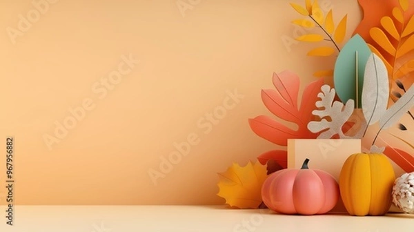Fototapeta Escena con calabazas y hojas con formas geométricas en 3D. Creando una atmósfera otoñal de celebración única y moderna. Espacio libre para añadir textos.