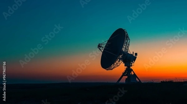 Obraz A satellite dish silhouette against a colorful sunset sky, symbolizing communication and technology.