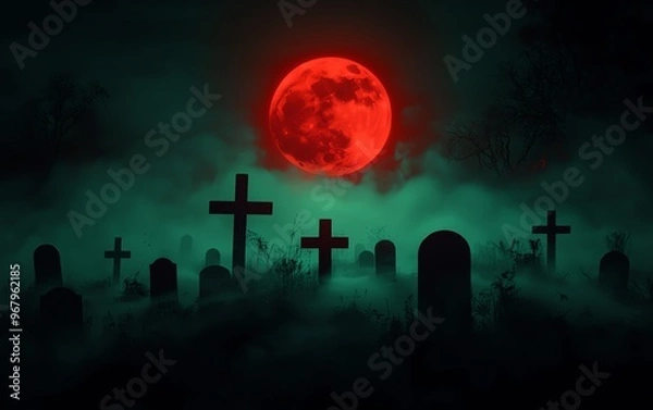 Fototapeta A haunting graveyard scene illuminated by a red moon, shrouded in fog for a chilling and eerie atmosphere.