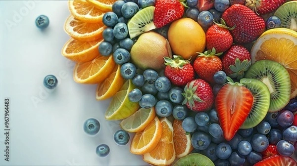 Fototapeta Vibrant fruit arrangement with strawberries, oranges, and kiwi for a colorful and fresh summer display