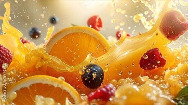 Fototapeta Refreshing splash of citrus and berries in vibrant yellow juice, ideal for summer drinks and refreshment ads