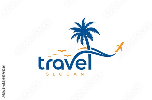 Fototapeta Abstract Travel logo design, Modern Travel with beach logo, travel, airplane, birds, beach vector logo design