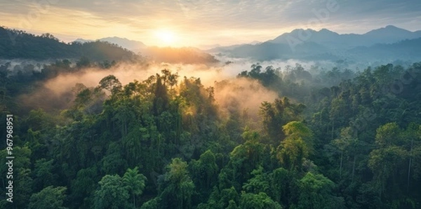 Fototapeta Aerial view of a tropical rainforest landscape in the morning with mist above the green trees. Sunlight is falling onto the forest. Lush jungle landscape background.