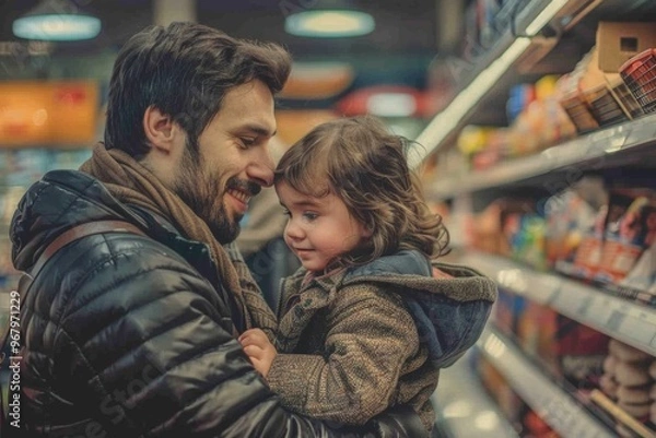 Fototapeta A man holds a young girl in a grocery store, likely a shopping trip or errand