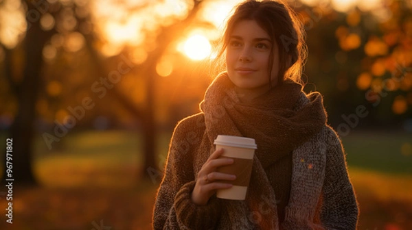 Fototapeta A young woman holding a coffee cup, standing in a peaceful park at sunset. The sky is ablaze with warm orange and pink hues