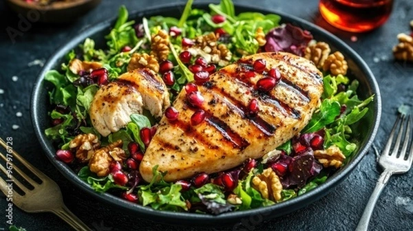 Fototapeta Grilled chicken breast fillet served with a colorful mix salad topped with walnuts, pomegranate seeds, and balsamic glaze on a dark background with a fork. Healthy eating concept