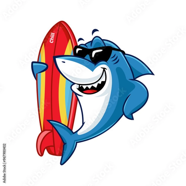 Obraz Cartoon cool shark with sunglasses holding a surfboard. Surfing logo concept illustration.