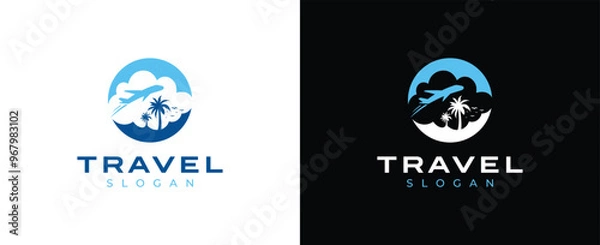 Fototapeta Abstract Detail Travel vector logo design, Modern Travel with beach logo, travel, airplane, birds, beach, water flow, cloud vector logo design