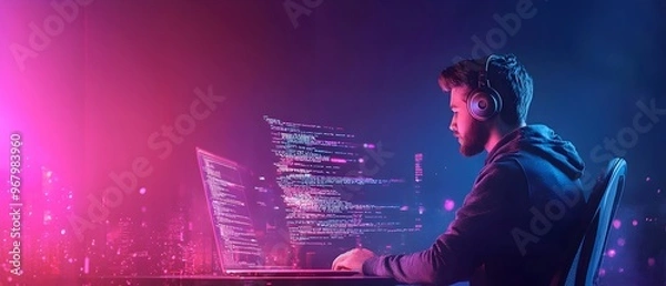 Fototapeta Full stack developer working on cloud and coding in the background for a modern software development process  Showing the technology programming