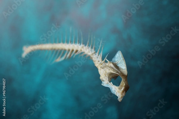 Obraz A Gilt-Head Bream axial skeleton on a beautiful deep blue-green (teal) background. Selective focus on the skull.