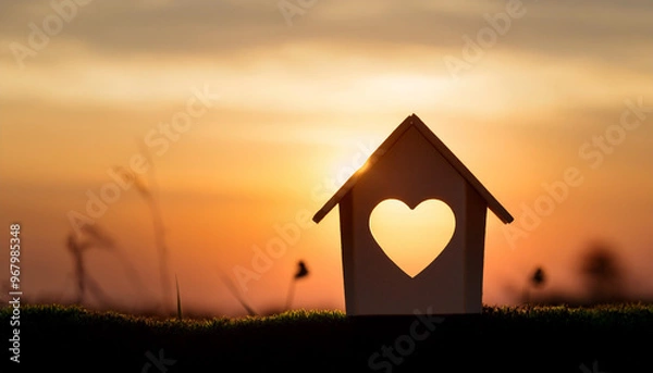 Obraz Miniature house with heart shape window on sunset background. Sweet home concept. Family warmth, love and protection