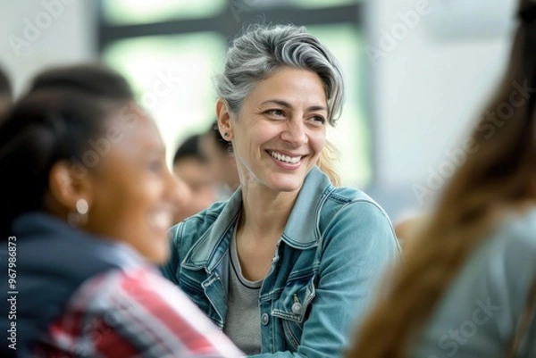 Fototapeta A person with a pleasant expression sitting at a table, possibly having a meal or socializing