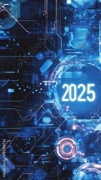 Fototapeta A futuristic wallpaper design showcases vibrant blue elements and the year 2025 in a tech-inspired aesthetic that conveys innovation