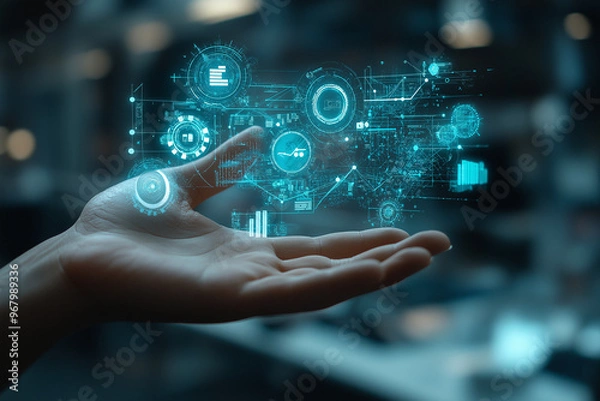 Fototapeta Productivity concept, Businessman hand with productivity icon for industrial management in efficiency and efficient process, growth, chart, hologram, Ai generated