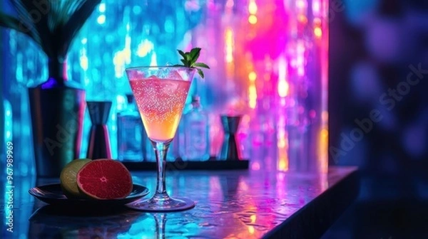 Fototapeta An avant-garde cocktail lounge with shifting holographic decor and bioluminescent beverages, buzzing with nightlife style, isolated background
