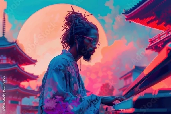 Fototapeta Melodies drifting with the rising moon above a traditional Japanese landscape at dusk