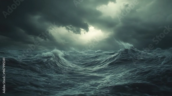 Fototapeta A rough sea under a grey, stormy midnight sky, with clouds swirling overhead and waves crashing violently, a realistic and high-definition shot with natural lighting