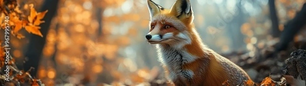 Fototapeta Curious Fox in Forest, a full-body portrait showcasing a fox with a playful demeanor, exploring its natural habitat, surrounded by lush greenery and soft earth tones.