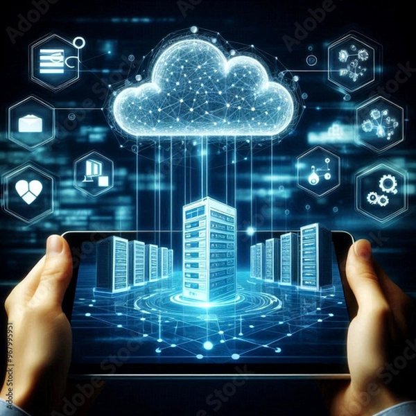 Obraz Cloud Computing Data Center concept of Digital cloud solutions on PCB futuristic background