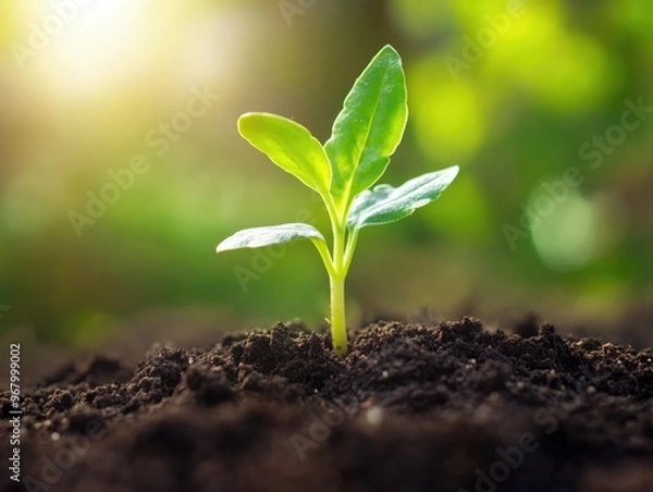 Fototapeta Seed sprouting in rich soil, signifying life and development.
