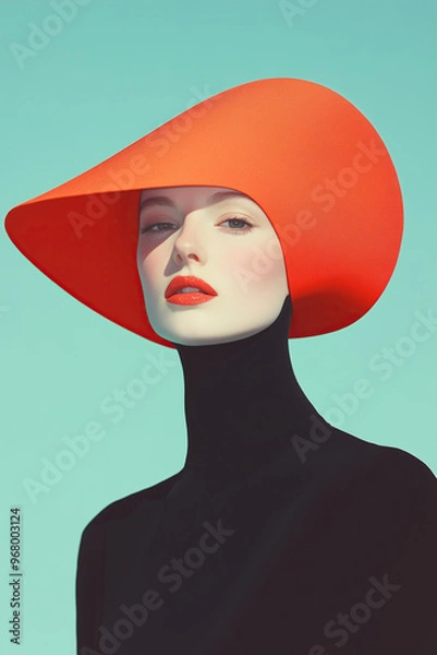 Obraz Fashion magazine concept. Portrait of beautiful female model wearing designer clothing, hat and looking at camera on blue background. Haute couture style. Retro, avant-garde. Studio shot