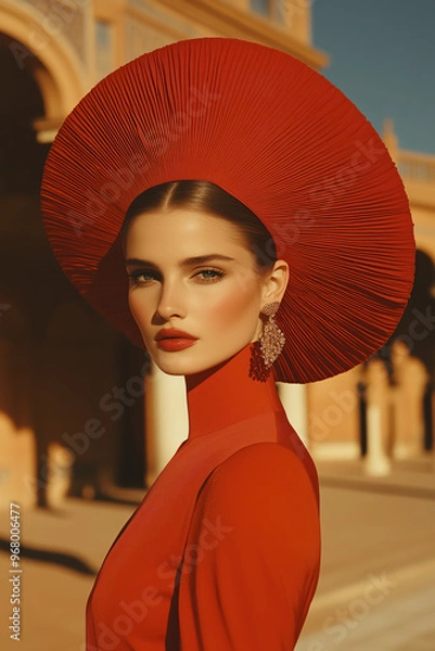 Obraz Fashion magazine concept. Portrait of beautiful female model wearing designer clothing, hat and looking at camera on old city background. Haute couture style. Retro, avant-garde. Studio shot