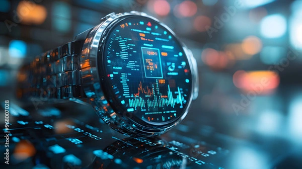 Fototapeta A futuristic smartwatch displaying complex data analytics, showcasing technology and innovation in a modern digital environment.