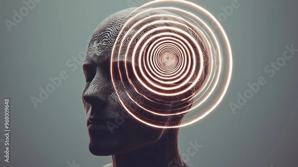 Fototapeta Mind Loop: A human head filled with glowing, circular paths that spiral inward, getting more fixed and rigid