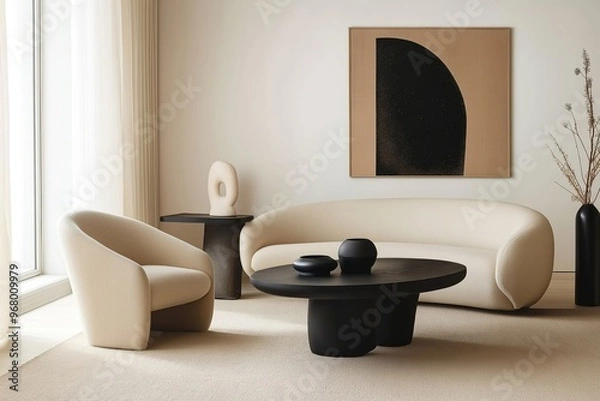Fototapeta Modern interior design of a living room with a curved sofa, armchair, and black coffee table on a beige carpet against a white wall background. An art deco abstract poster. 