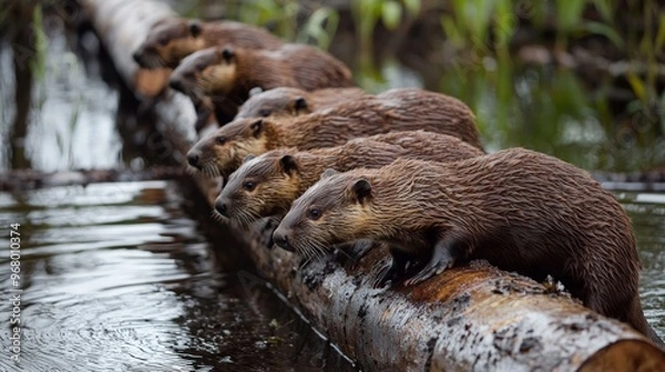 Fototapeta Beavers moving logs to build a dam, representing the transport industry in the wild