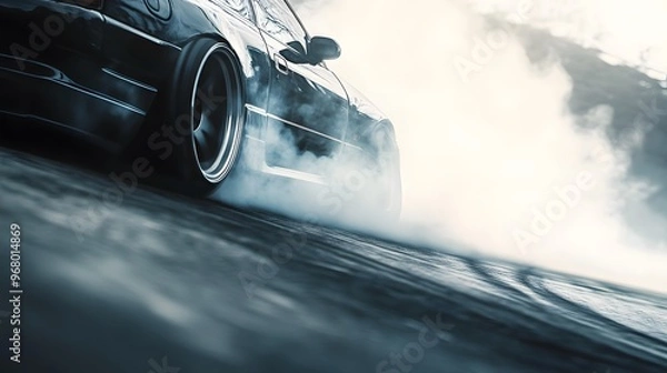 Fototapeta 10092332 08 A close-up of a JDM car drifting around a tight corner, smoke billowing from its tires on the drift circuit