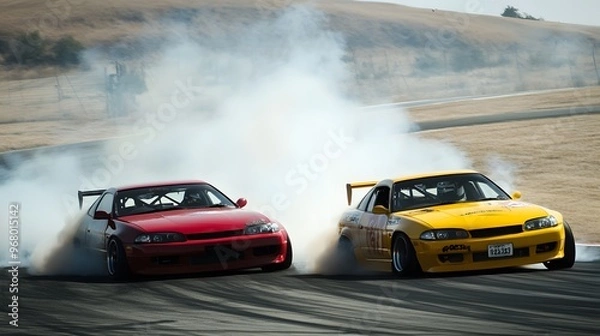 Fototapeta 10092332 12 Two JDM cars neck and neck in a drift battle, both taking a sharp corner with smoke streaming behind them
