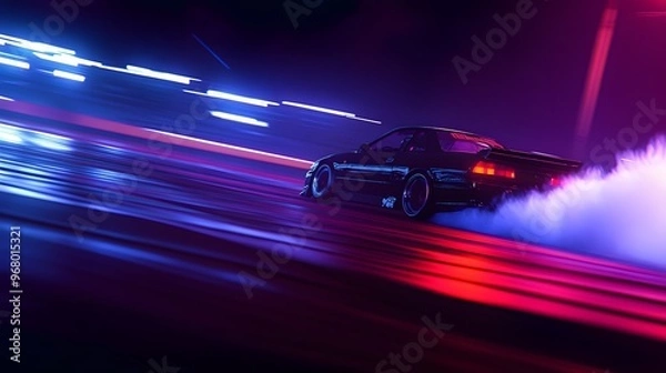 Fototapeta 10092332 15 A night-time drift event on a neon-lit circuit, with a JDM car leaving thick trails of tire smoke as it drifts