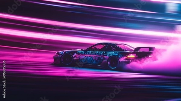 Fototapeta 10092332 15 A night-time drift event on a neon-lit circuit, with a JDM car leaving thick trails of tire smoke as it drifts