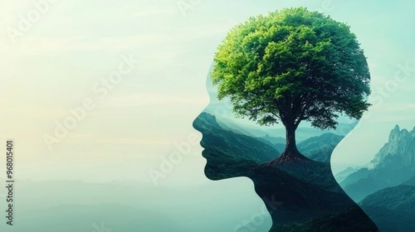 Fototapeta Roots of Self: A tree growing out of a human head, with roots deeply connected to past experiences and branches reaching out to new opportunities for growth