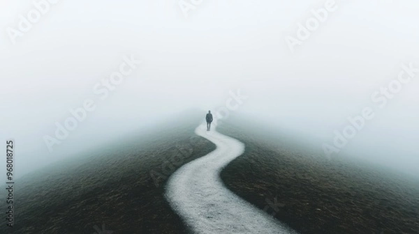 Fototapeta Start Before Knowing It All: A person stepping onto a winding path that disappears into a foggy unknown, but with each step, the fog lifts, symbolizing how action reveals the path