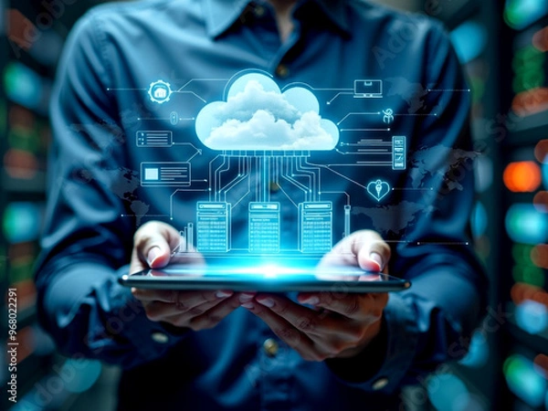 Obraz Cloud Computing Data Center concept of Digital cloud solutions on PCB futuristic background