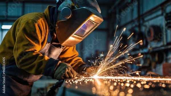Fototapeta Industrial worker in a factory welding steel structure with sparks and smoke.