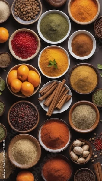 Fototapeta A collection of various spices and herbs including cumin turmeric coriander peppercorns cloves star anise oranges and pomegranates in bowls and containers.
