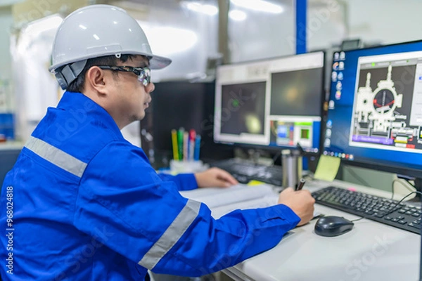 Obraz Computer engineers developing software programs to control industrial machinery,optimizing automation processes,and improving production flow in a high-tech factory setting