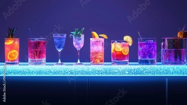 Fototapeta A modern mocktail bar with transparent mixing stations and glowing non-alcoholic drinks, serving sophistication style, isolated background