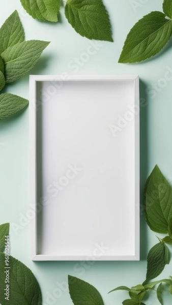 Fototapeta A light-colored box with vertical ridges on a blurred gray-white gradient background next to fresh mint-like leaves.