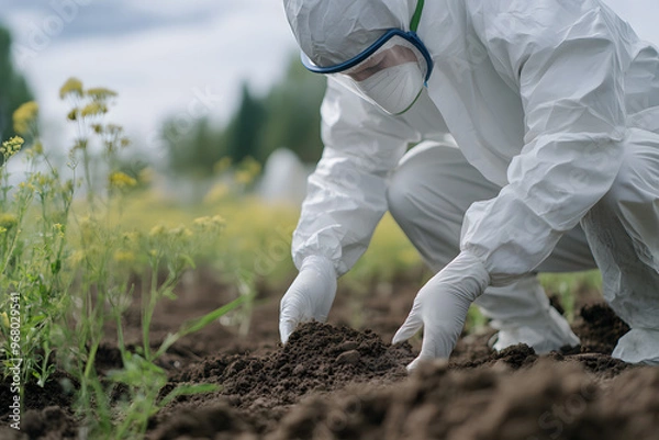 Fototapeta Close-Up of Worker in Protective Coveralls and Mask Collecting Mud for Testing, Safety Measures and Environmental Analysis