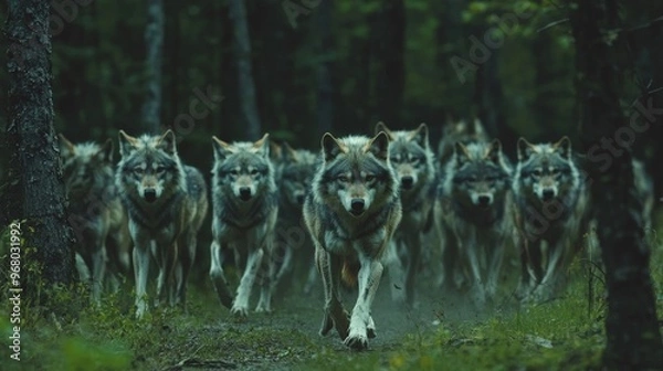 Fototapeta Wolves leading their pack through the forest, with the alpha wolf managing the transport of the group efficiently