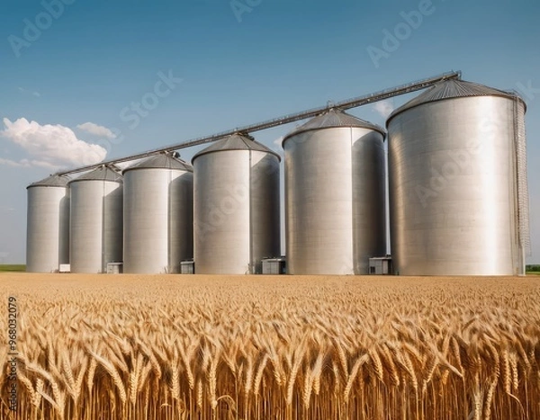 Fototapeta Grain elevator and agricultural storage. Containers silos storing agriculture crop in countryside.