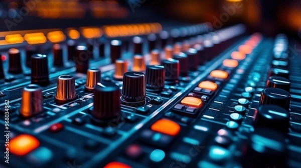 Fototapeta Close-up of a Sound Mixer Console in a Recording Studio